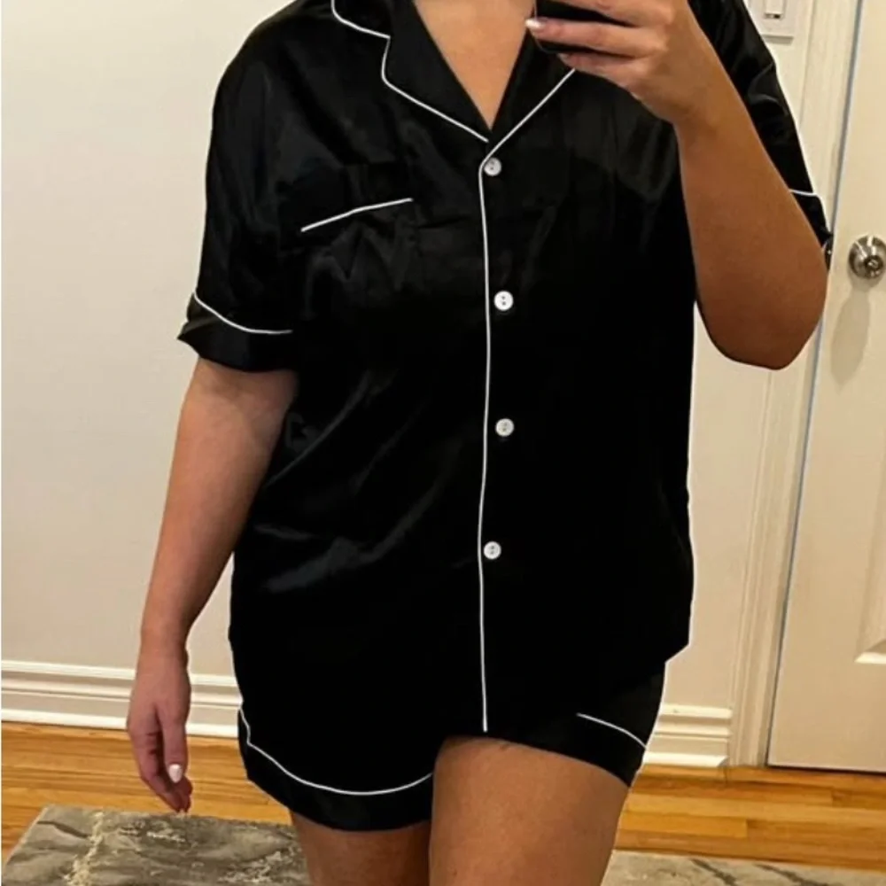 Black Satin Women's Pajama Set - Picture 2 of 5
